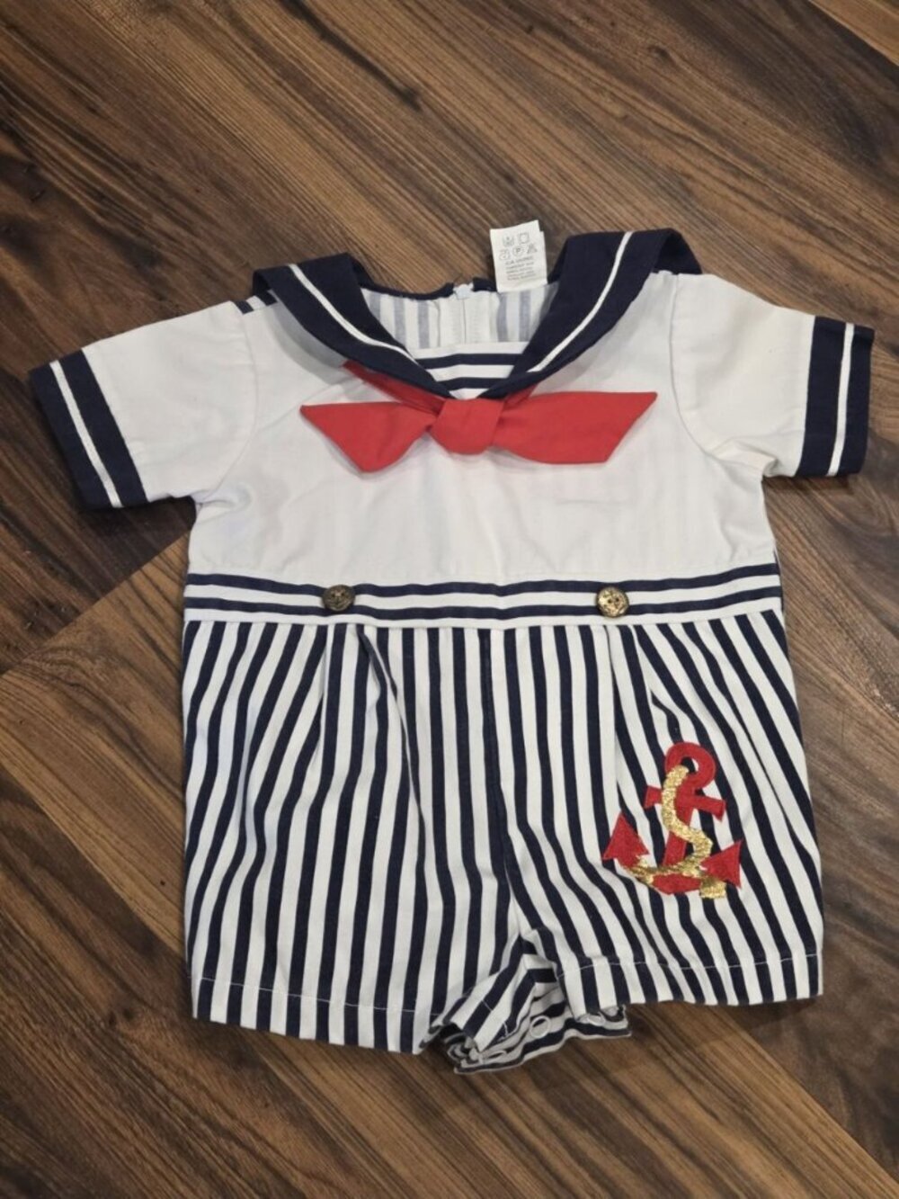 Vtg Style Sailor Baby Romper 6-9 Months Nautical Anchor Striped One Piece